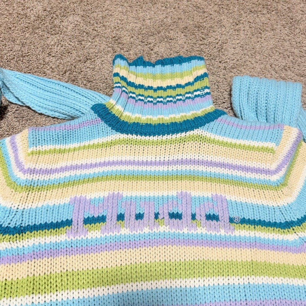 Y2K Mudd Women's Striped Turtleneck Sweater w/ Detachable Scarf Size L Blue NWT - Picture 2 of 6